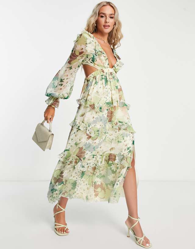 ASOS DESIGN tiered ruffle midi dress with elastic waist and lace up back detail in floral print