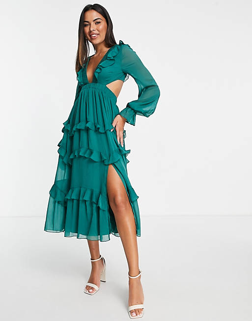  tiered ruffle midi dress with elastic waist and lace up back detail 