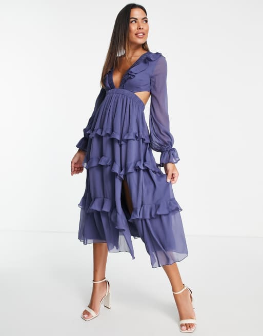 ASOS DESIGN tiered ruffle midi dress with elastic waist and lace up back  detail | ASOS