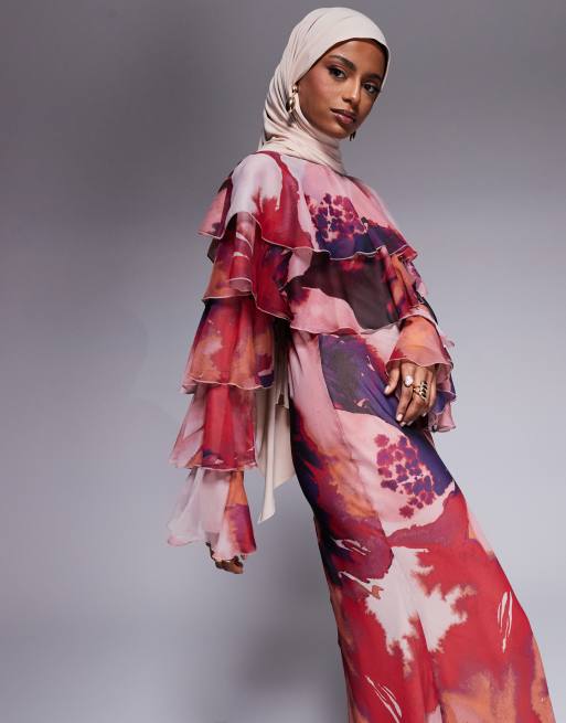 ASOS DESIGN tiered ruffle overlay bias maxi dress in abstract print 