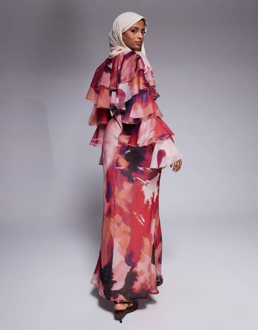 ASOS DESIGN tiered ruffle overlay bias maxi dress in abstract print 