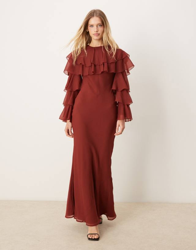 asos design tiered ruffle maxi dress overlay bias in deep chestnut OOS-whiplash2 The lightweight polyester fabric off shoulder ruffle dress Plus Size Women's Elegant Size:S (For Waist 28