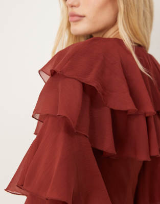 Asos Design Tiered Ruffle Overlay Bias Maxi Dress In Brown | ModeSens