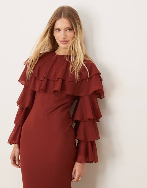 ASOS DESIGN tiered ruffle overlay bias maxi dress in deep chestnut, 3 of 4