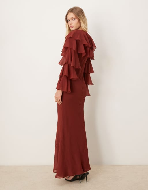 ASOS DESIGN tiered ruffle overlay bias maxi dress in deep chestnut