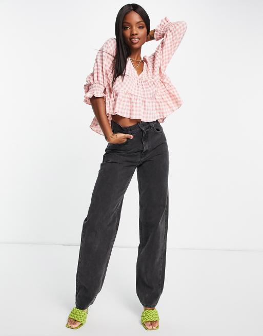 ASOS DESIGN tiered seersucker smock top in pink gingham | ASOS