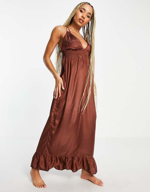 ASOS DESIGN tiered skinny tie maxi beach dress in chocolate brown