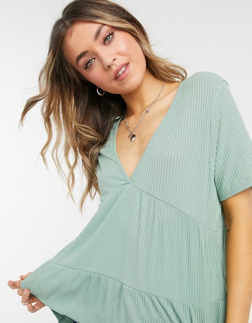 ASOS DESIGN tiered smock in rib with v neck in sage green
