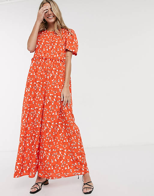  tiered smock jumpsuit in red floral print 