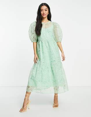 ASOS DESIGN tiered smock midi dress in cutwork floral organza in soft green