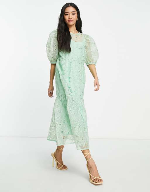 ASOS Design Floral Appliqué Fringe Midi Dress in Medium Green