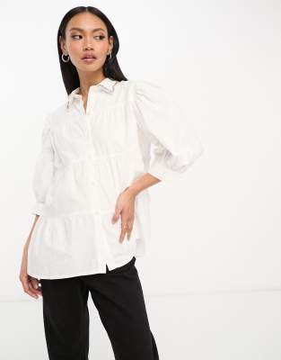 Asos Design Tiered Smock Shirt With Embellished Collar In White