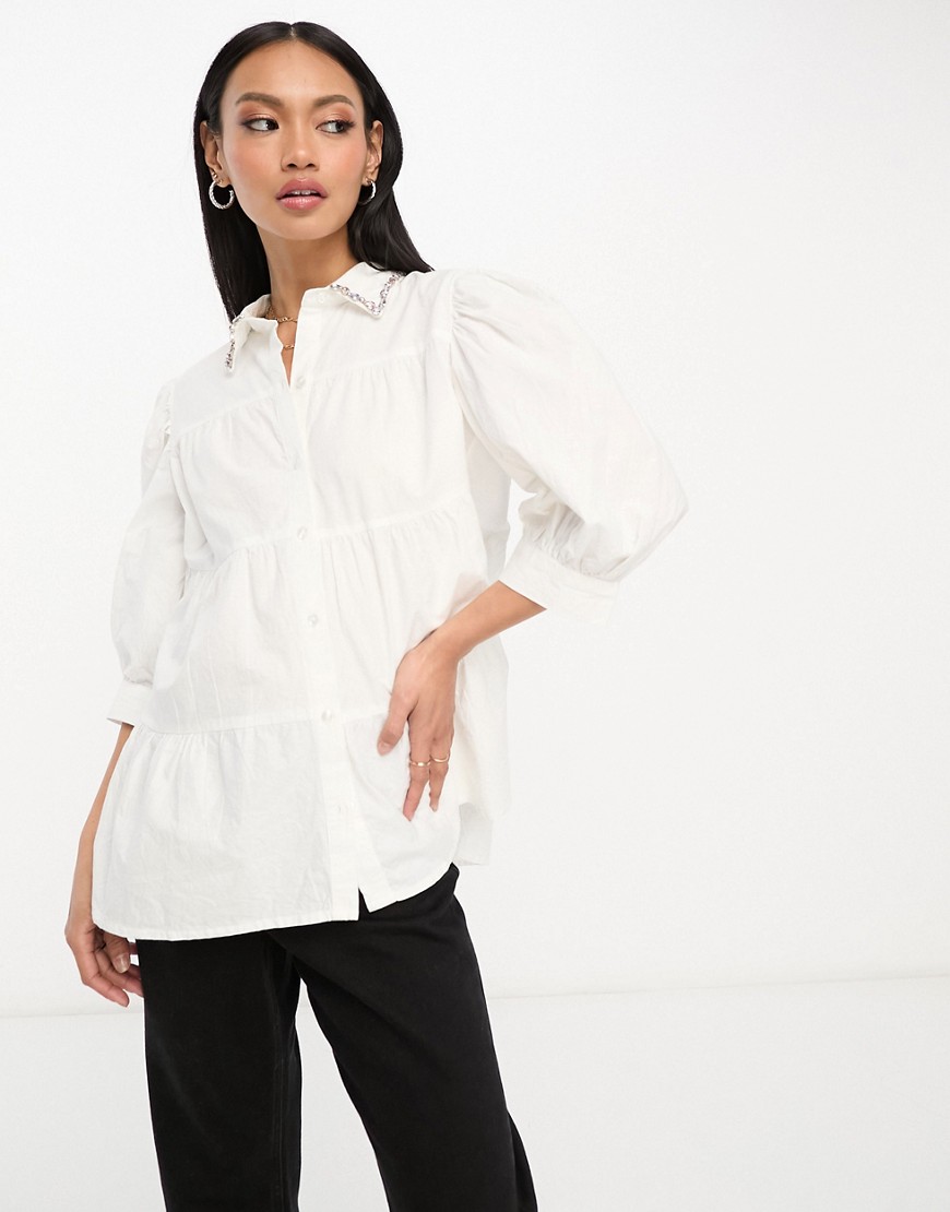 ASOS DESIGN tiered smock shirt with embellished collar in white