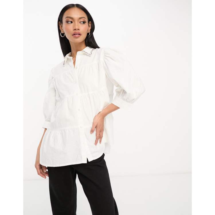 ASOS DESIGN tiered smock shirt with embellished collar in white