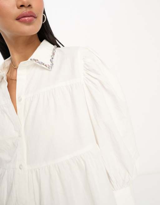 ASOS DESIGN tiered smock shirt with embellished collar in white