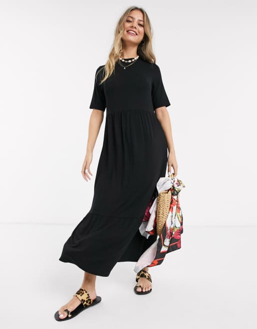 ASOS DESIGN tiered smock t-shirt midi dress in black | ASOS