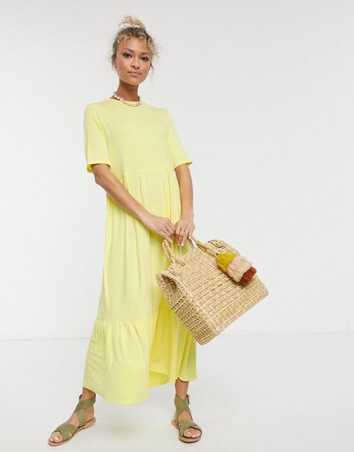 ASOS DESIGN tiered smock t-shirt midi dress in lemon