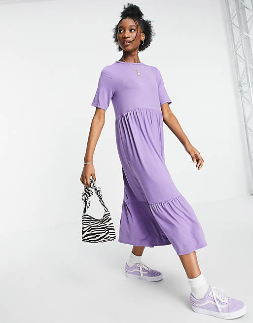 Dresses tiered smock t-shirt midi dress in purple ash 