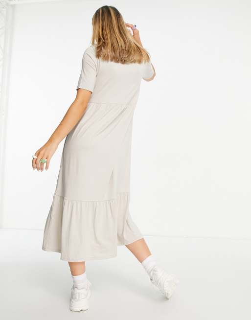 ASOS DESIGN tiered smock t-shirt midi dress in stone , 3 of 4