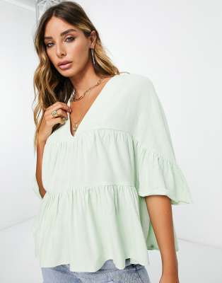 ASOS DESIGN tiered smock top with frill sleeve in apple