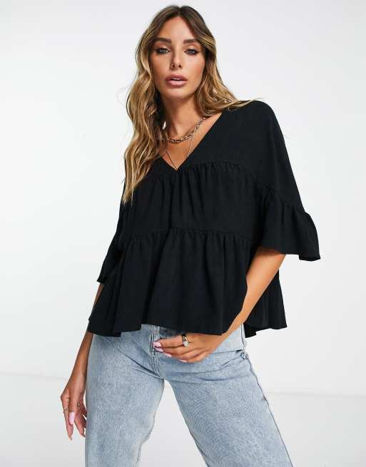 ASOS DESIGN tiered smock top with frill sleeve in black | ASOS