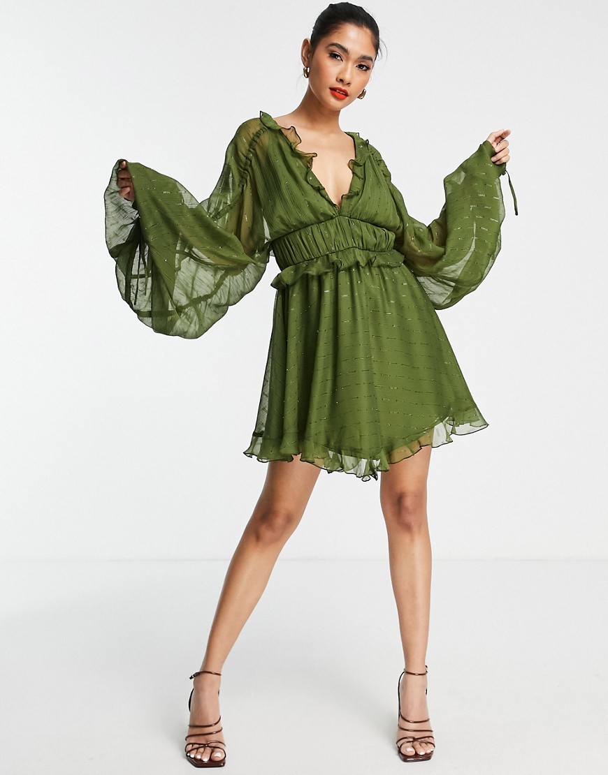 ASOS DESIGN tiered soft mini dress in textured chiffon with ruffle detail-Green