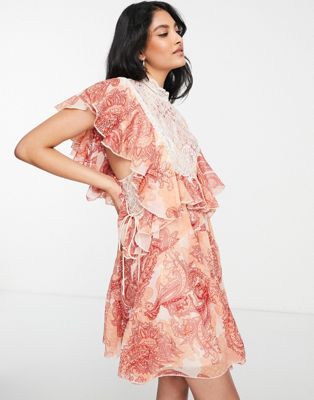 ASOS DESIGN tiered soft mini dress with lace applique bodice and ruffle detail in paisley print