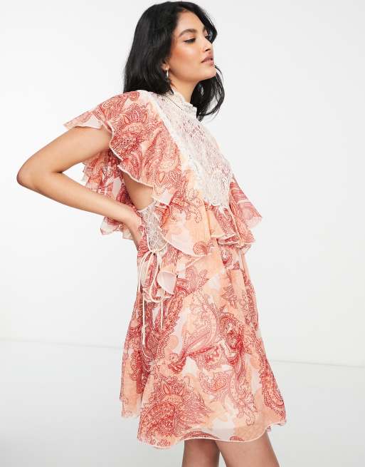 ASOS DESIGN tiered soft mini dress with lace applique bodice and ruffle  detail in paisley print | ASOS