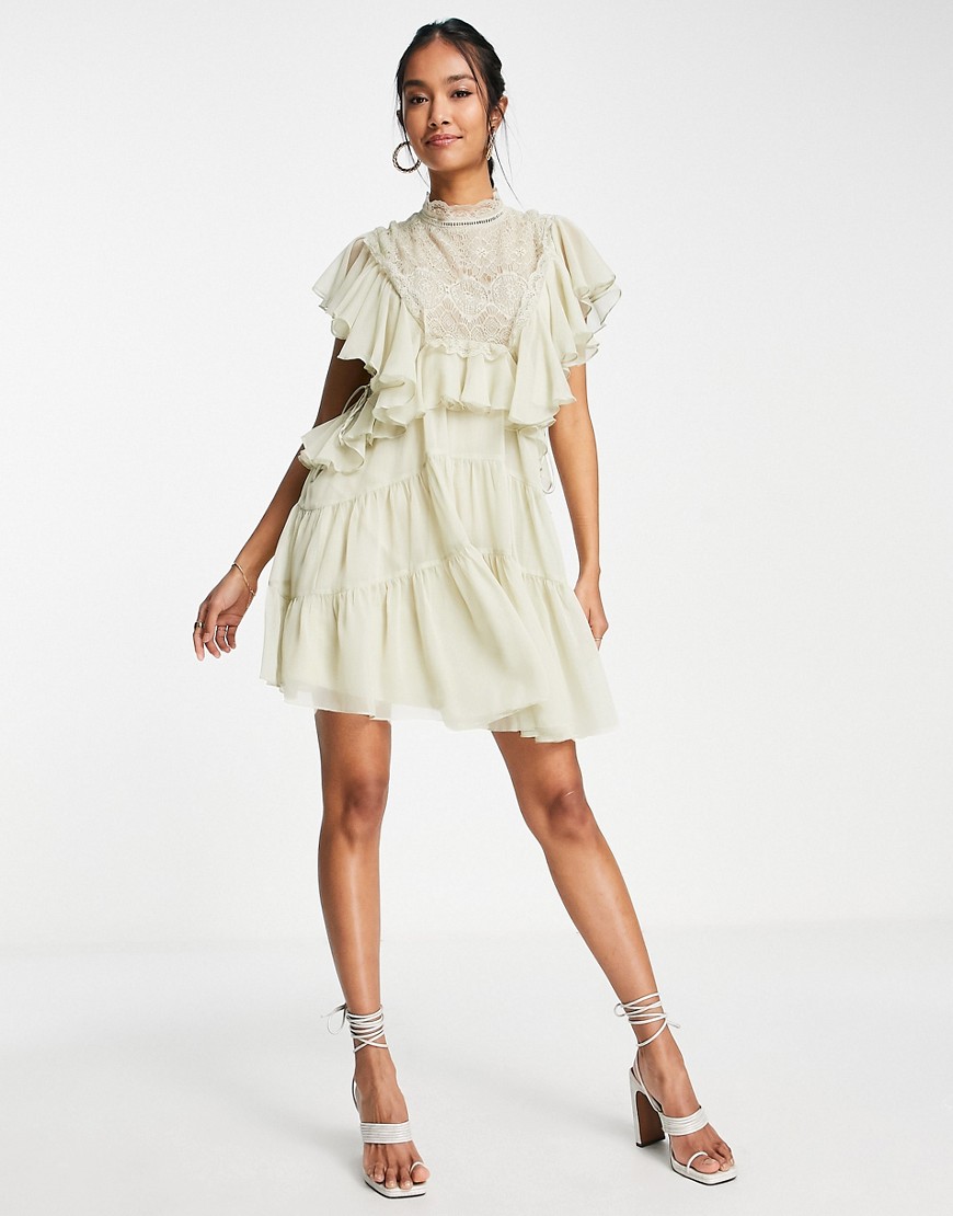 ASOS DESIGN tiered soft mini dress with lace applique bodice and ruffle detail in stone-Neutral