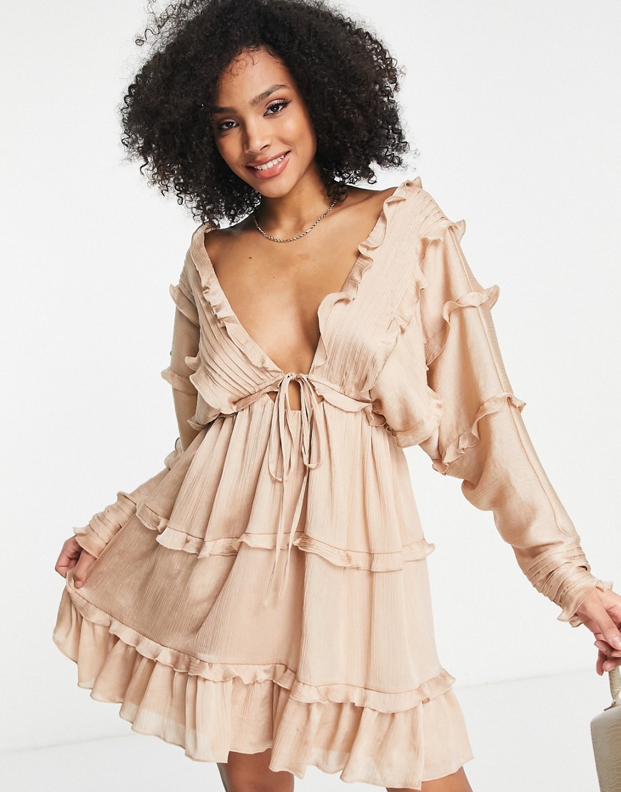 ASOS DESIGN tiered soft mini dress with pleated panels and tie front in blush-Pink