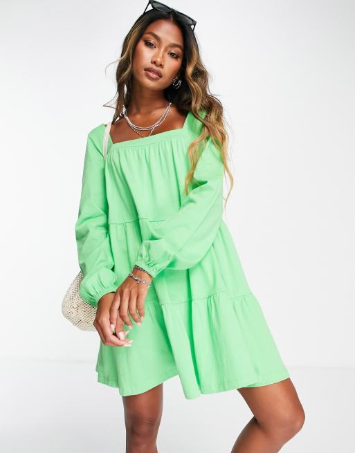 ASOS DESIGN tiered square neck smock mini dress in bright green | ASOS