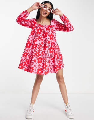 ASOS DESIGN tiered square neck smock mini dress in red and pink floral ASOS