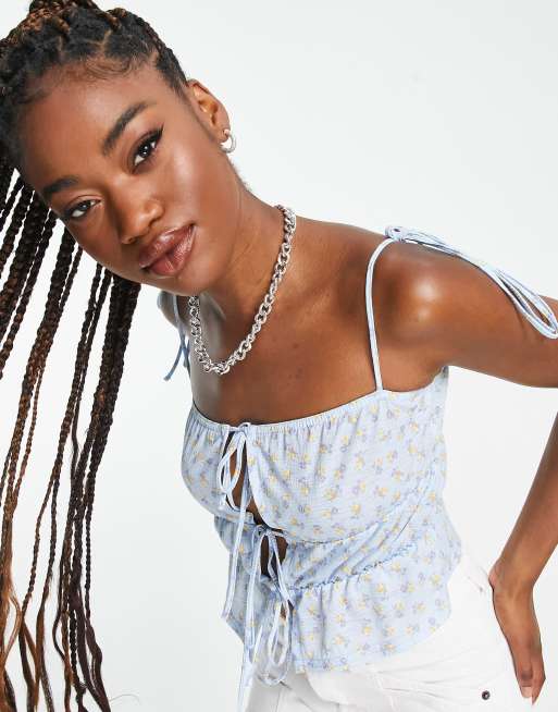 ASOS DESIGN tiered strap sun top in blue micro floral print