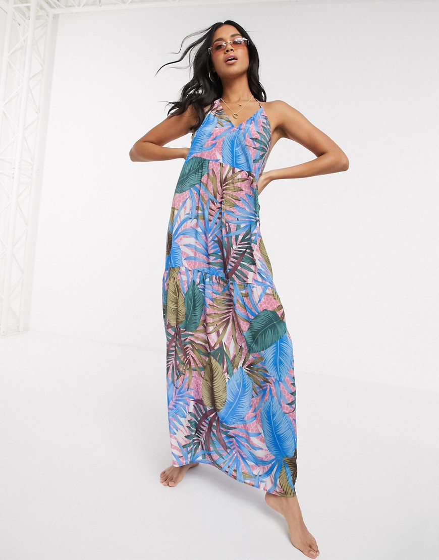 ASOS DESIGN tiered strappy maxi beach dress in tropical lilac palm print-Multi