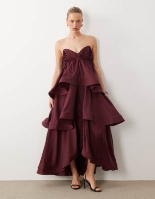 Asos Design Tiered Structured Ruffle Maxi Dress In Brown