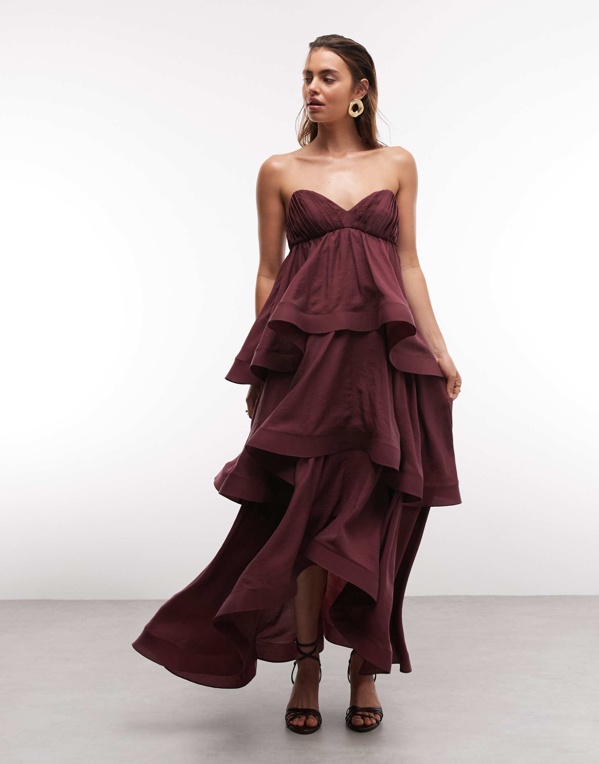 asos design tiered structured ruffle maxi dress in plum