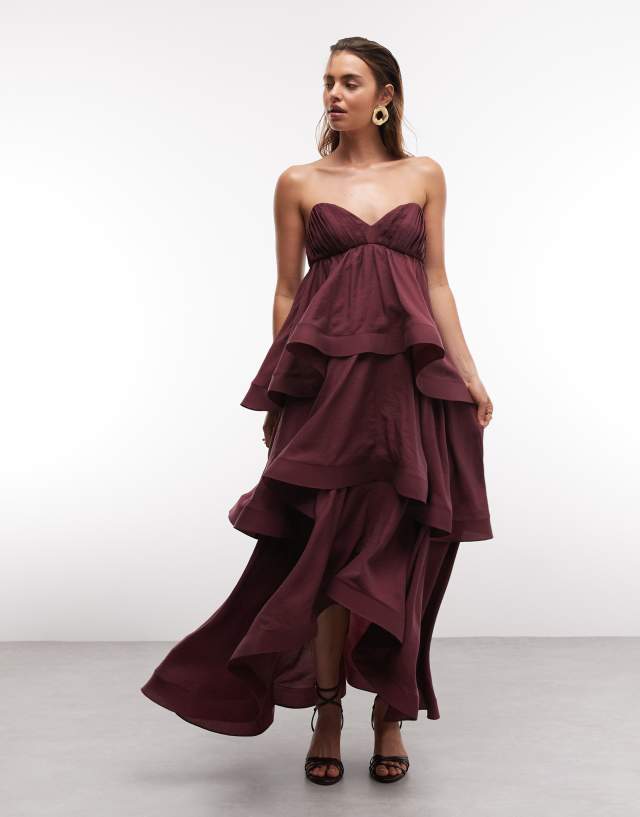 ASOS DESIGN tiered structured ruffle maxi dress in plum