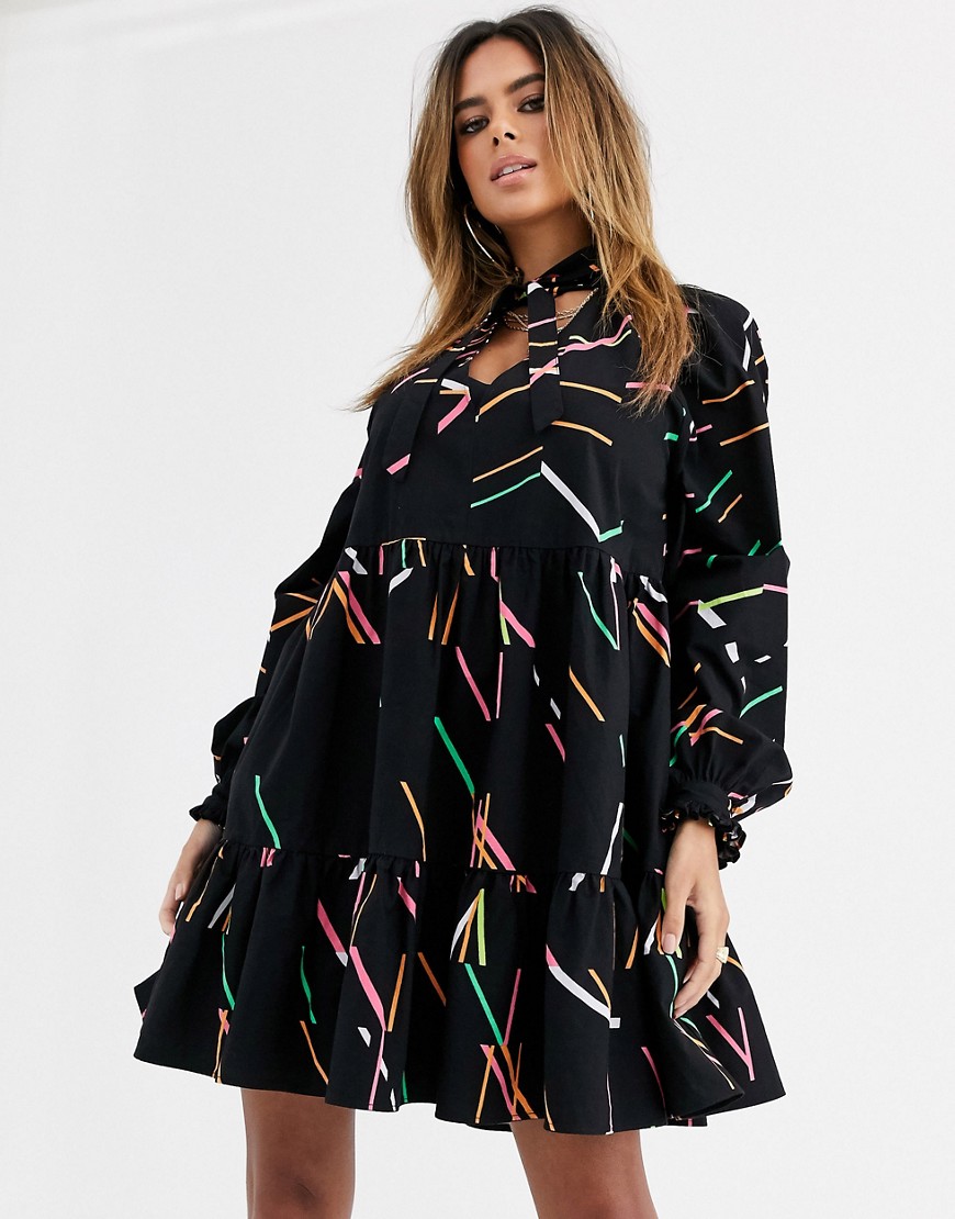 ASOS DESIGN tiered swing mini shirt dress in abstract print-Multi