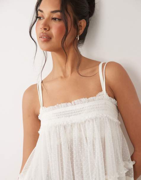 ASOS DESIGN tiered textured cami with ruffles in white - view 1
