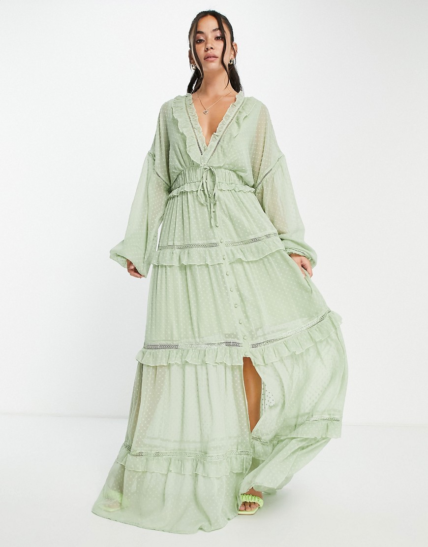 ASOS DESIGN tiered textured maxi dress wih ruffle detail and lace trim-Green