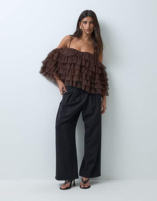 ASOS DESIGN tiered textured mesh top with cold shoulder in chocolate brown, 3 of 5