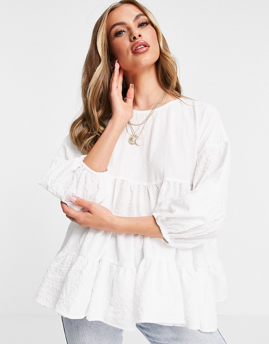 ASOS DESIGN tiered textured smock top in ivory-White