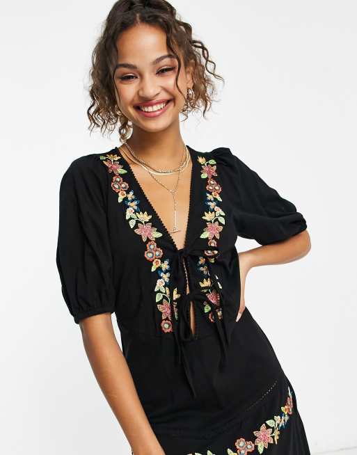 ASOS DESIGN tiered tie front midi dress with floral embroidery in black