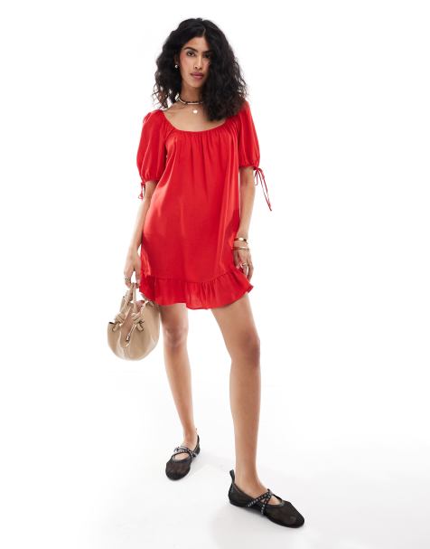 ASOS DESIGN tiered tie sleeve smock mini dress in red - view 1