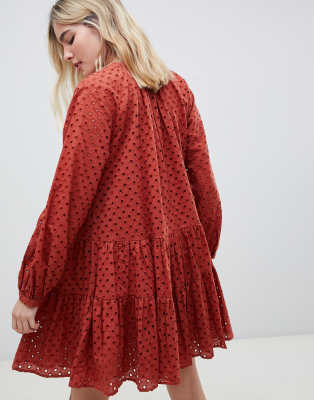 asos design petite tiered trapeze mini dress in broderie