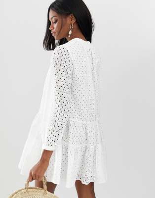 asos design petite tiered trapeze mini dress in broderie