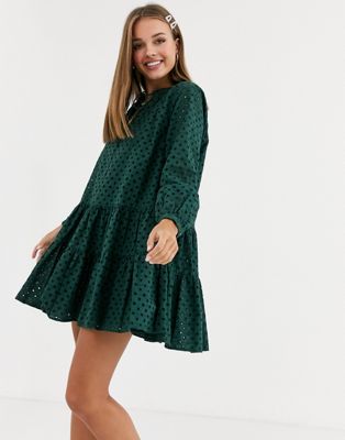 asos design tiered trapeze mini dress in broderie