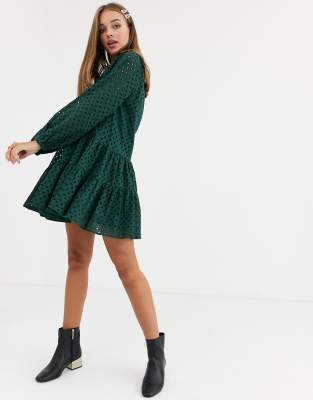 asos design petite tiered trapeze mini dress in broderie