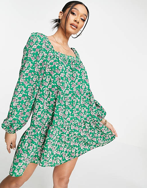 ASOS DESIGN tiered trapeze mini smock dress in green floral print