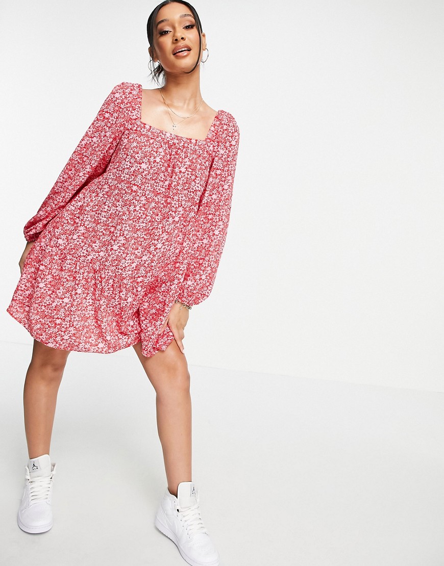 ASOS DESIGN tiered trapeze mini smock dress in red and pink floral print-Multi